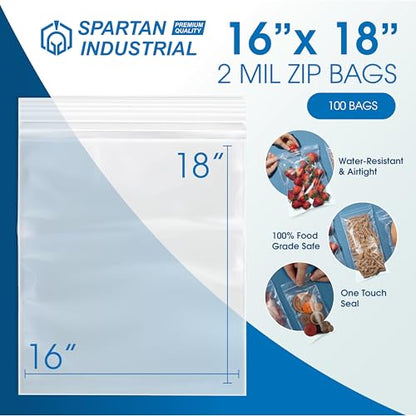 16" X 18" Large Zip Bags (100 Count) - 2 Mil Clear Reclosable - size: 16” X 18”