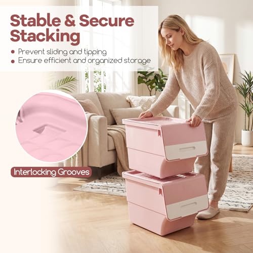 GIANTEX 6 Pack Plastic Stackable Storage Bins with Lids & Wheels, 35 QT - color: White + Pink, size: 6 Pack, 35 QT