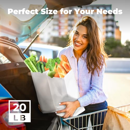 Fit Meal Prep 500 Pack 20 lb Large White Paper Bags, 16 x 8 x 5.5” Durable Blank Paper Bags Bulk for Packing, Delivery, Take Out, Grocery, Retail Shopping, Premium Big Size Sacks for Shopping - style: White-500 Pack