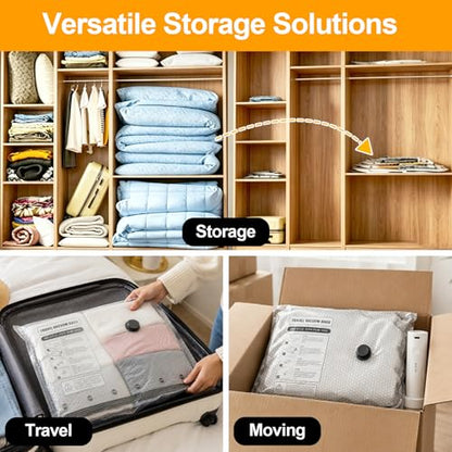 Vacuum Storage Bags with Rechargeable Air Pump, 6 Combo Vacuum Bags for Travel, Space Saver Plastic Packaging Bags for Clothes, Blankets, Pillow, Bedding, Luggage
