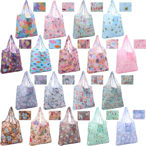 Weewooday 18 Pcs Grocery Bags Foldable Reusable Shopping Bags Washable Nylon Bag for Farmers Market Groceries - style: Stylish Style