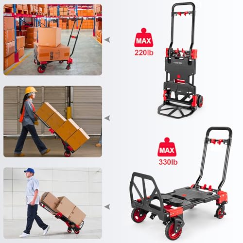 2 in 1 Folding Hand Truck, 330lbs Aluminum Portable Dolly Cart, Red - color: Red