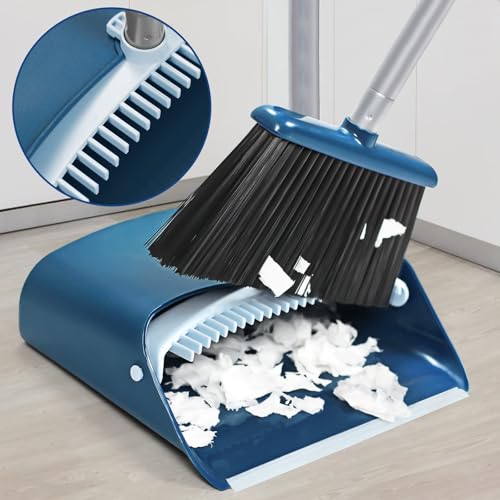 TreeLen Standing Dustpan and Broom Set with 52 Inch Long Extendable Handle for Cleaning Home, Interiors, Kitchens, Office Lobby Floors, Blue - color: Blue
