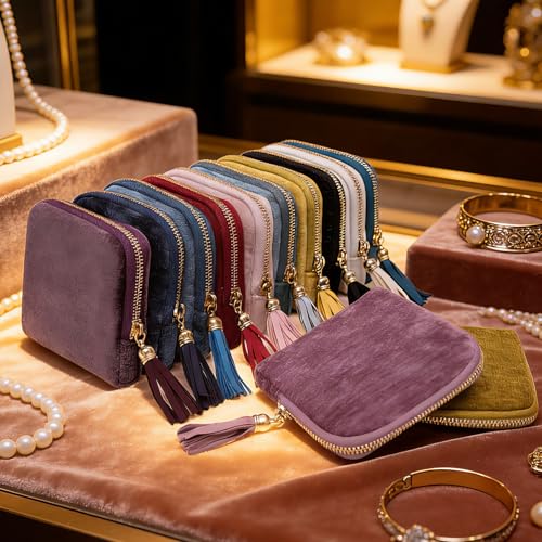 Women's Coin Purses Velvet Mini Travel Jewelry Case Bag with Tassel - color: A-Malachite Green