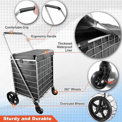 Wellmax Grocery Cart & Folding Shopping Cart with Wheels, 66 lb Max, Medium - size: Medium