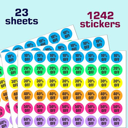 Percent Off Sticker 10 to 60 Discount Stickers,7/8 Inch Round Sale Stickers - style: Color OFF 10% -60%