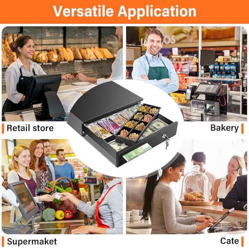 16.4" Cash Drawer with Media Slot, POS Cash Register with 5 Bill 8 Coin Slots, RJ11/RJ12 Printer-Driven, 3-Position Key Lock, Heavy-Duty Steel Cash Register for for Small Businesses