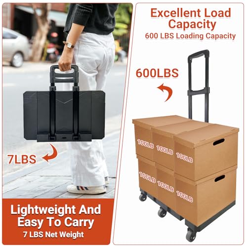 600lbs Folding Hand Truck, Portable Heavy Duty Dolly Cart with 6 Wheels & 2 Elastic Ropes, Light Weight Utility Dolly Platform Cart, Collapsible Dolly for Luggage, Travel, Moving, Shopping Use - style: 600 lbs, 6 Wheels