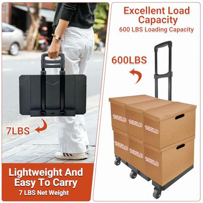 600lbs Folding Hand Truck, Portable Heavy Duty Dolly Cart with 6 Wheels & 2 Elastic Ropes, Light Weight Utility Dolly Platform Cart, Collapsible Dolly for Luggage, Travel, Moving, Shopping Use - style: 600 lbs, 6 Wheels