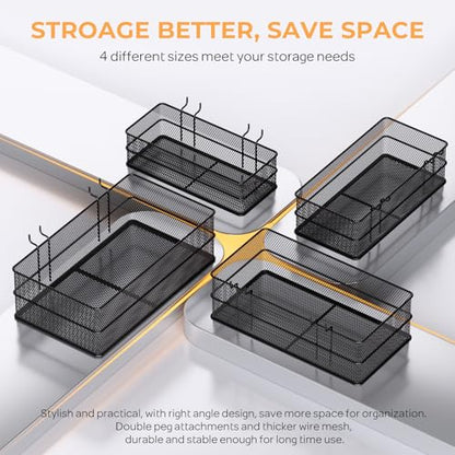 INCLY 4 Pack Upgrade Pegboard Baskets, 4 Sizes Square Metal Mesh Basket - color: Black