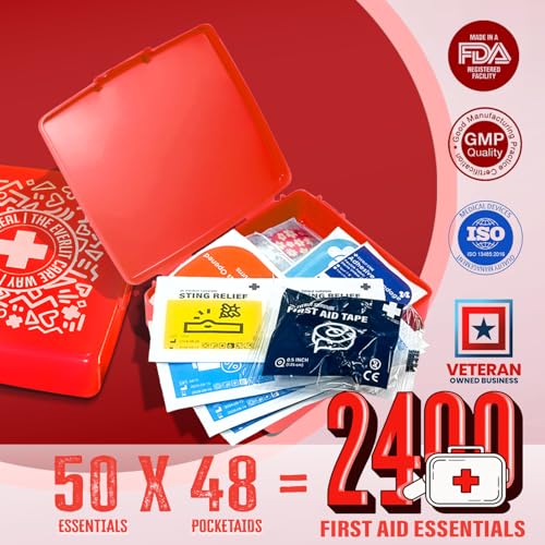 EVERLIT Pocket-Aid Mini First Aid Kit | Compact, Portable Hard-Shell Cases of 50 Items | Cuts, Scrapes, Wound Care Essentials for Travel, Outdoor, School, Camping, Home, Office (48 Packs | 2400 Pcs) - size: 48 Packs | 2400 Pcs