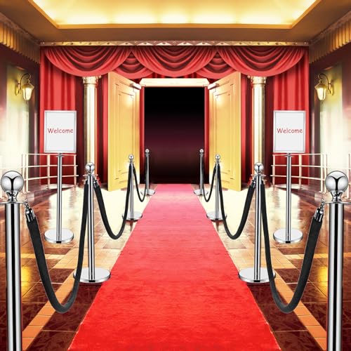 Blulu 8 Sets Stainless Steel Stanchion Set 8 Crowd Control Poles 7 Velvet Ropes and 2 A4 Sign Holders Carpet Ropes and Hollow Base Poles Easy Assembly Safety Barrier for Event Party(Silver)