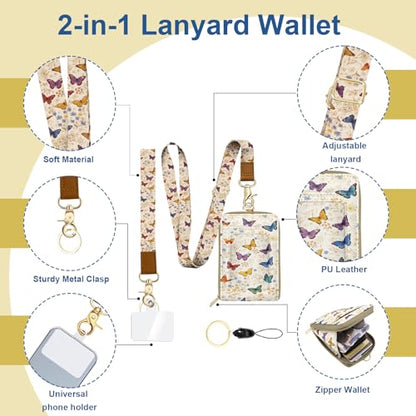 Colorful Butterflies Watercolour PU Leather ID Badge Holder with Lanyard with Keychain Phone Lanyard Wrist Strap, RFID Blocking, for Office School Business Women - color: Colorful Butterflies