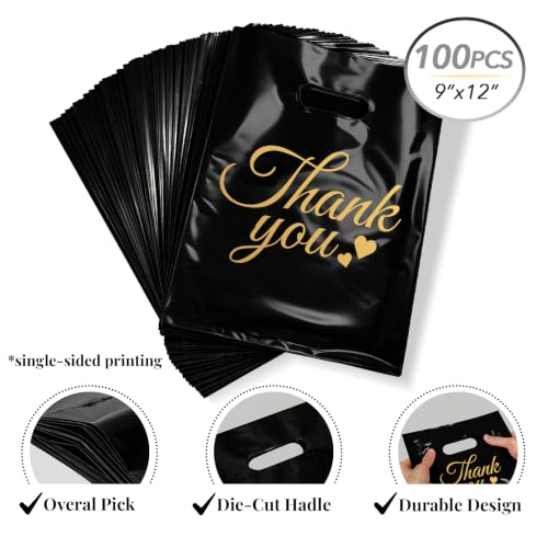 100 Count Black Plastic Gift Bags with Handles, 9 x 12 Inch - color: 09-Black, size: 9"x12"