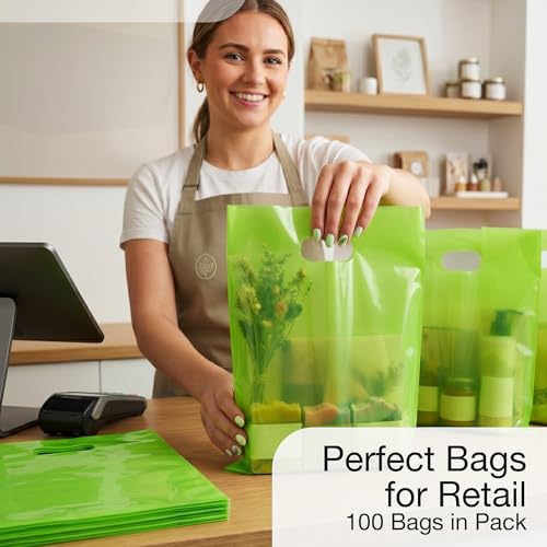 100 Lime Green Plastic Bags With Handles 12x15 Merchandise Bags - color: Lime Green