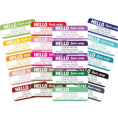 Camp Personalized Address Labels | 30 Self Adhesive Return Mailing Stickers for Campers Going to Overnight Summer Camp | Hello from Camp - Tickle Bellies Brand