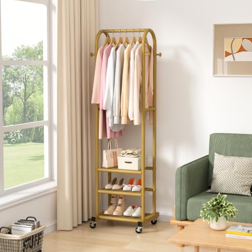 Kaitiemoo Clothing Rack, Mobile Garment Rack with Wheels & 3 Shelves, Gold - color: Gold