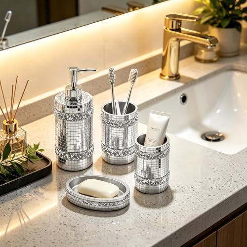 Silver Bathroom Accessories Set, Mosaic Decoration 4-piece Set - size: 4 Pc Set