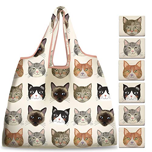 NymphFable Cat Shopping Bags, 6 Pack Reusable Grocery Tote Bags 50LBS - color: Cute Cat