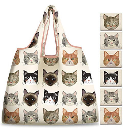 NymphFable Cat Shopping Bags, 6 Pack Reusable Grocery Tote Bags 50LBS - color: Cute Cat