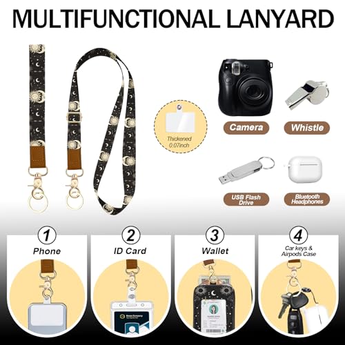 Daily Carry Roomy Leather Zipper Lanyard Wallet for Women, Adjustable Sun Moon Lanyard with ID Holder, RFID Badge Holder, 3 Clear Multiuse Cards, 2 Key Rings, 1 Phone Strap for Teacher Office - color: Sun and Moon