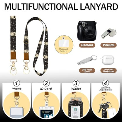 Daily Carry Roomy Leather Zipper Lanyard Wallet for Women, Adjustable Sun Moon Lanyard with ID Holder, RFID Badge Holder, 3 Clear Multiuse Cards, 2 Key Rings, 1 Phone Strap for Teacher Office - color: Sun and Moon