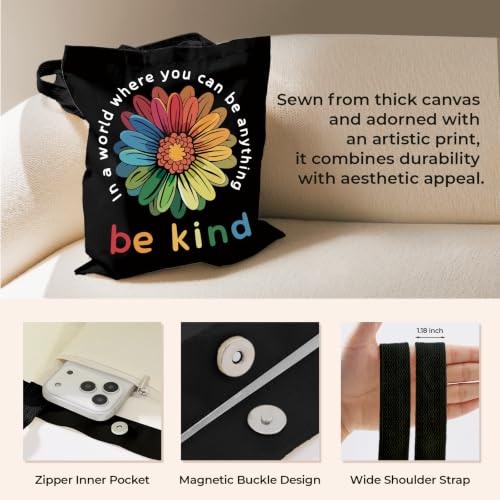 Cute Canvas Tote Bag for Women, Book Totebag with Zipper Pocket - color: Flower Be Kind