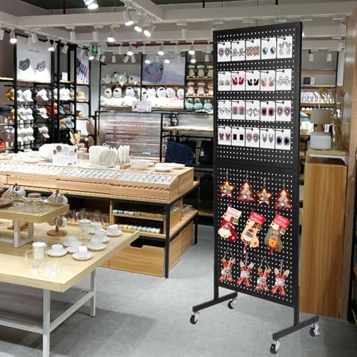 Eastern Tree Metal Pegboard Display Stand 2'x 5'with 30 Hooks, Pegboard Panels Display with Wheels, Peg Board Display Rack, Standing Pegboard Display- Black - color: Black