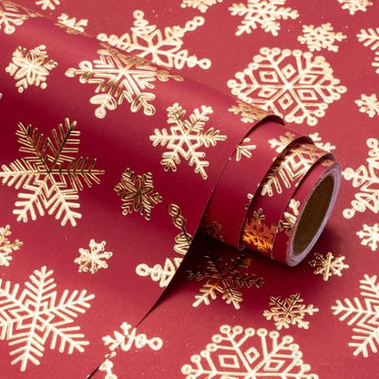 WRAPAHOLIC 30 Inch 3D Kraft Christmas Wrapping Paper - 30 Inch x 16.5 Feet - Gold and Red Snowflake Wrapping Paper with Embossed Perfect for Christmas, Holiday, Party Celebration - color: Christmas Snowflakes - Red & Gold, size: 30 inch x 16.5 feet