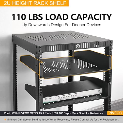 RIVECO 2U Server Rack Shelves for 19" Network Cabinet, Rack Mount Vented Cantilever Trays for Deep IT & Audio Equipment, 18" Depth, 2 PCS Black - size: 18 Inch