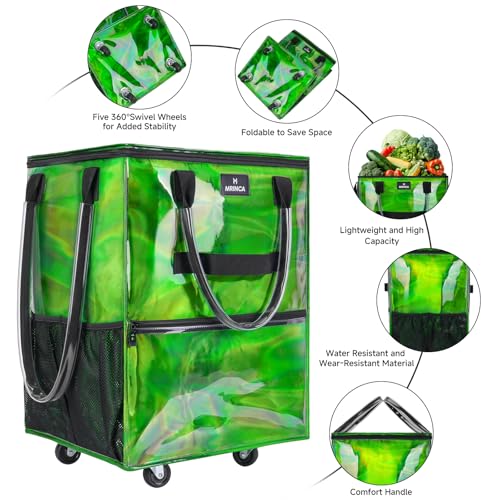 Reusable Grocery Bag On Wheels, 70L Foldable Rolling Tote with 6 Pockets - color: Gradient Green, size: Medium