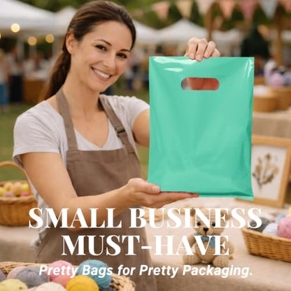 100 Count Teal Plastic Gift Bags with Handles, 9 x 12 Inch - color: 05-Teal, size: 9"x12"