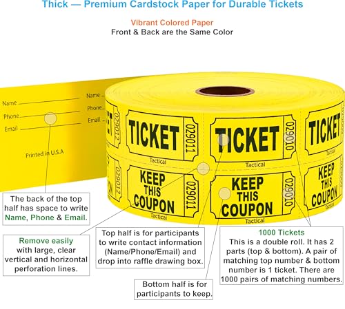 Tacticai 1000 Raffle Tickets, 50/50 Double Roll, Yellow - color: A - Double Roll - 1,000 Tickets - Keep - Yellow