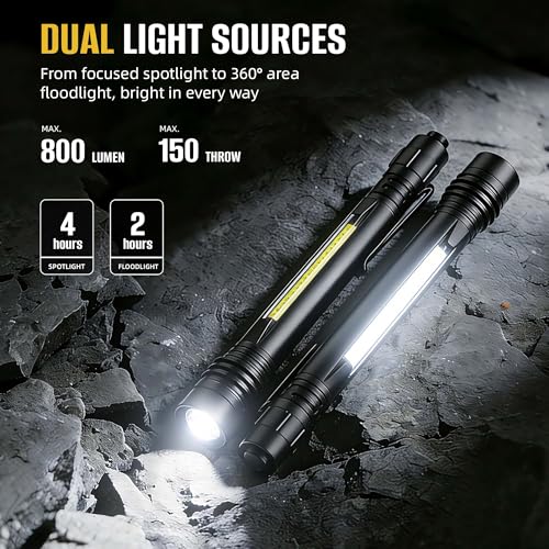 HOKOILN Rechargeable Pen Light, 800LM Dual Beam Flashlight 2 Pack