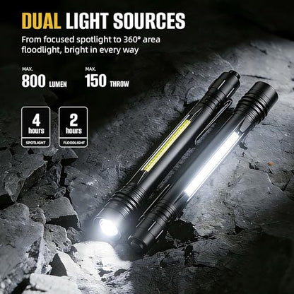 HOKOILN Rechargeable Pen Light, 800LM Dual Beam Flashlight 2 Pack