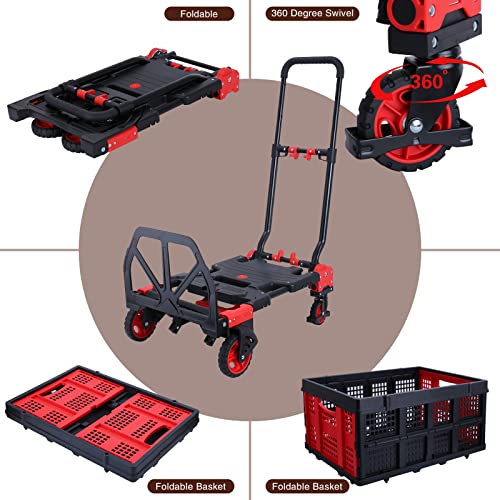 JJSMKCH 2-in-1 Hand Truck Dolly Cart Foldable with Folding Basket - color: B-red