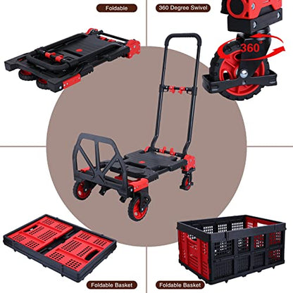 JJSMKCH 2-in-1 Hand Truck Dolly Cart Foldable with Folding Basket - color: B-red
