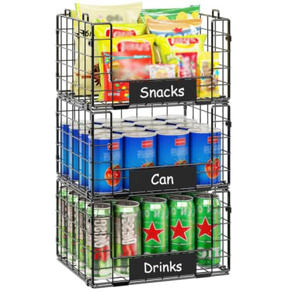 3 Pack XL Stackable Wire Baskets with Handle, Pantry Organizers and Storage - size: XL-12.2"x9.85"x21.5"