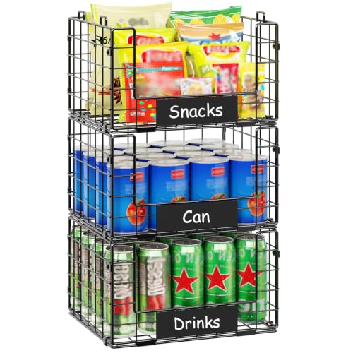 3 Pack XL Stackable Wire Baskets with Handle, Pantry Organizers and Storage - size: XL-12.2"x9.85"x21.5"