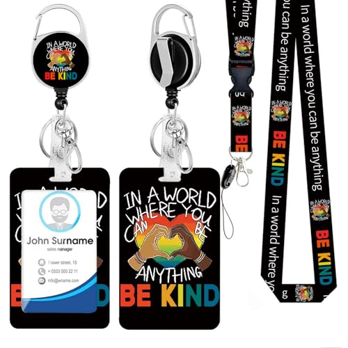 Id Badge Holder with Lanyard, Be Kind Badge Holder Retractable Reel Clip - color: Love Be Kind