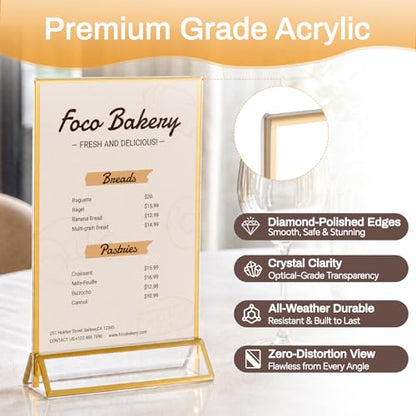 8 Pack Acrylic Sign Holder 8.5x11, Double Sided Gold Frames, Clear Acrylic Sign Holder Picture Frame, Vertical Table Menu Display Stand, Plastic Gold Picture Frames & Gold Table Frames for Wedding Party (Provide Non-slip Mats) - size: 8 Pack 8.5x11