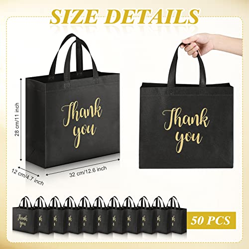 Fumete 50 Pcs Reusable Thank You Gift Bags Bulk Non Woven, Black, Gold