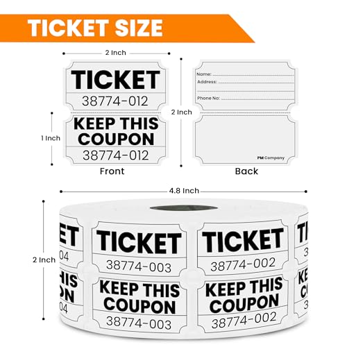 PM Company 2000 Pcs (1000 Pairs) Raffle Tickets Double Roll, 50/50 White - color: White