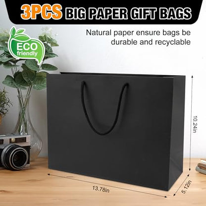 MUIIGOOD Gift Bags With Handles Paper Gags Medium Bulk For Party Shopping Birthday Wedding (3Pcs Black-35 * 26 * 13cm)