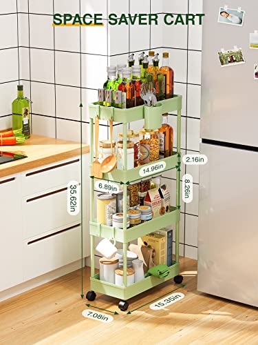 LEHOM Slim Rolling Storage Cart - 4 Tiers Bathroom Organizer Utility Cart - color: Light Bean Green