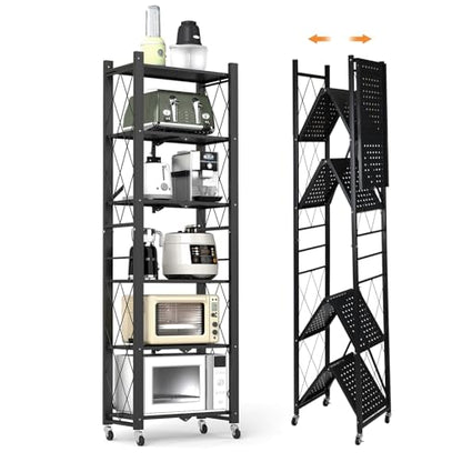 6-Tier Foldable Storage Shelves with Wheels Folding Bookshelf no Assembly - color: Black, size: 6 Tier
