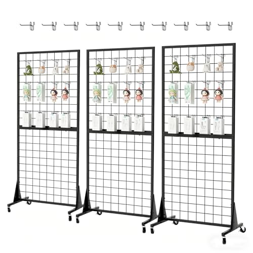 3-Pack 2'x5.5' Ft Gridwall Panel Display Stands Heavy Duty Floor Standing Retail Display Rack with Triangle Base for Retail Art Show with 20 Hooks