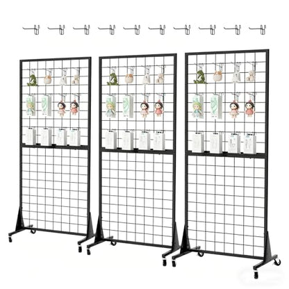 3-Pack 2'x5.5' Ft Gridwall Panel Display Stands Heavy Duty Floor Standing Retail Display Rack with Triangle Base for Retail Art Show with 20 Hooks