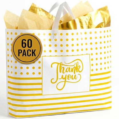 19x15 Large Thank You Bags with Handles, Shopping Bags for Small Business - color: White