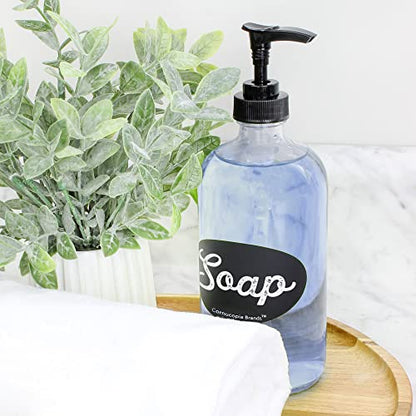 Cornucopia Brands 16-Oz Clear Glass Pump Bottles (2-Pack); Refillable Soap Dispenser Black Lotion Pump Transparent Boston Round Bottles + Chalk Labels & Lids